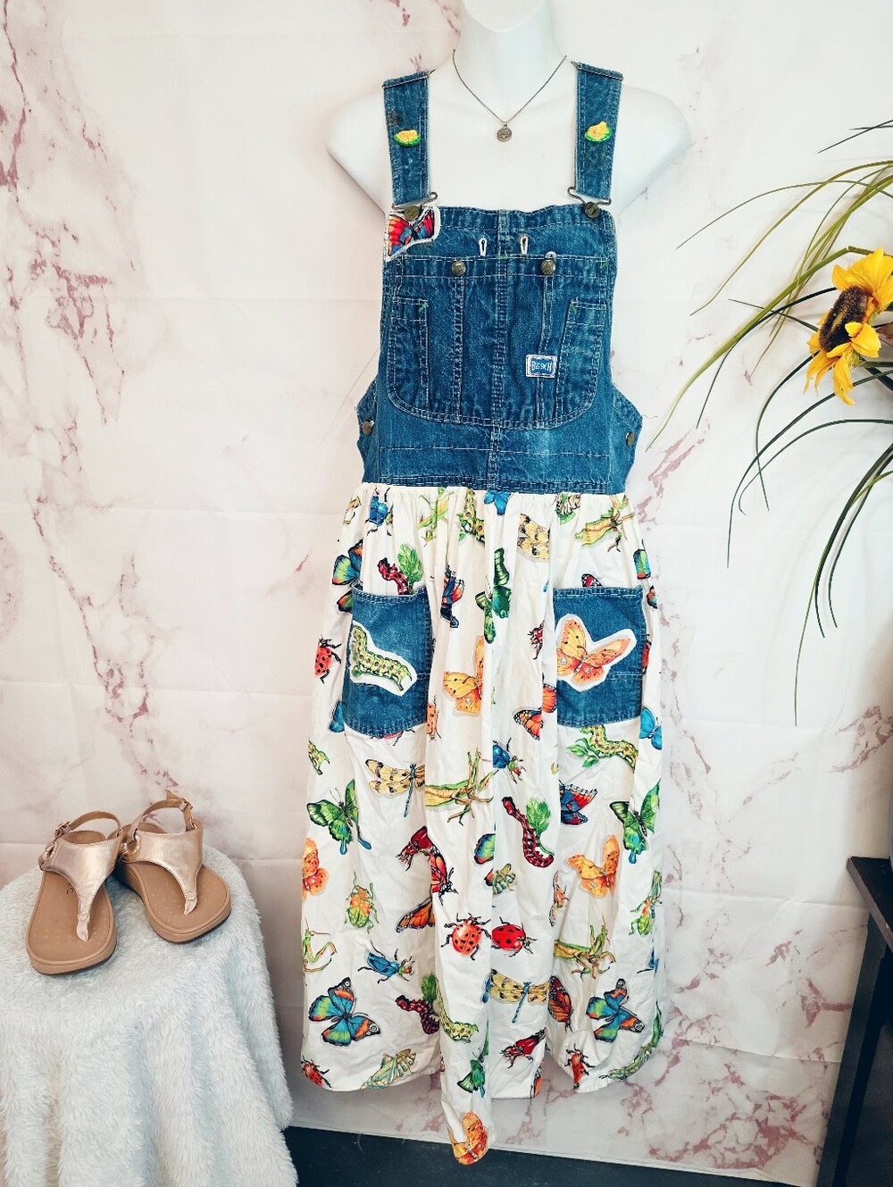 Upcycled Vintage Patchwork Overall Maxi Dress Butterflies Cottagecore USA - Picture 3 of 9